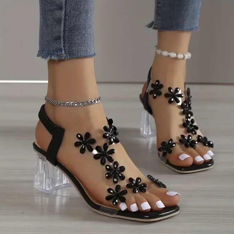 Camila | Sandalias de mujer con tacón de strass y flores