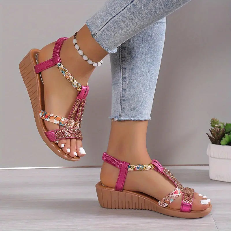Kasia | Sandalias de cuña trenzadas con diamantes de imitación Boho Glam