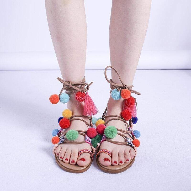 Eva | Sandalias Boho Con Pompones De Colores