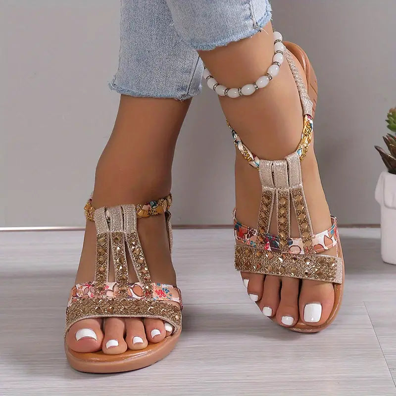 Kasia | Sandalias de cuña trenzadas con diamantes de imitación Boho Glam